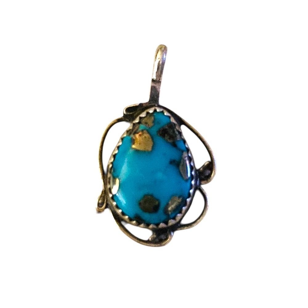 Native American teardrop shaped Turquoise and sterling silver Pendant.
